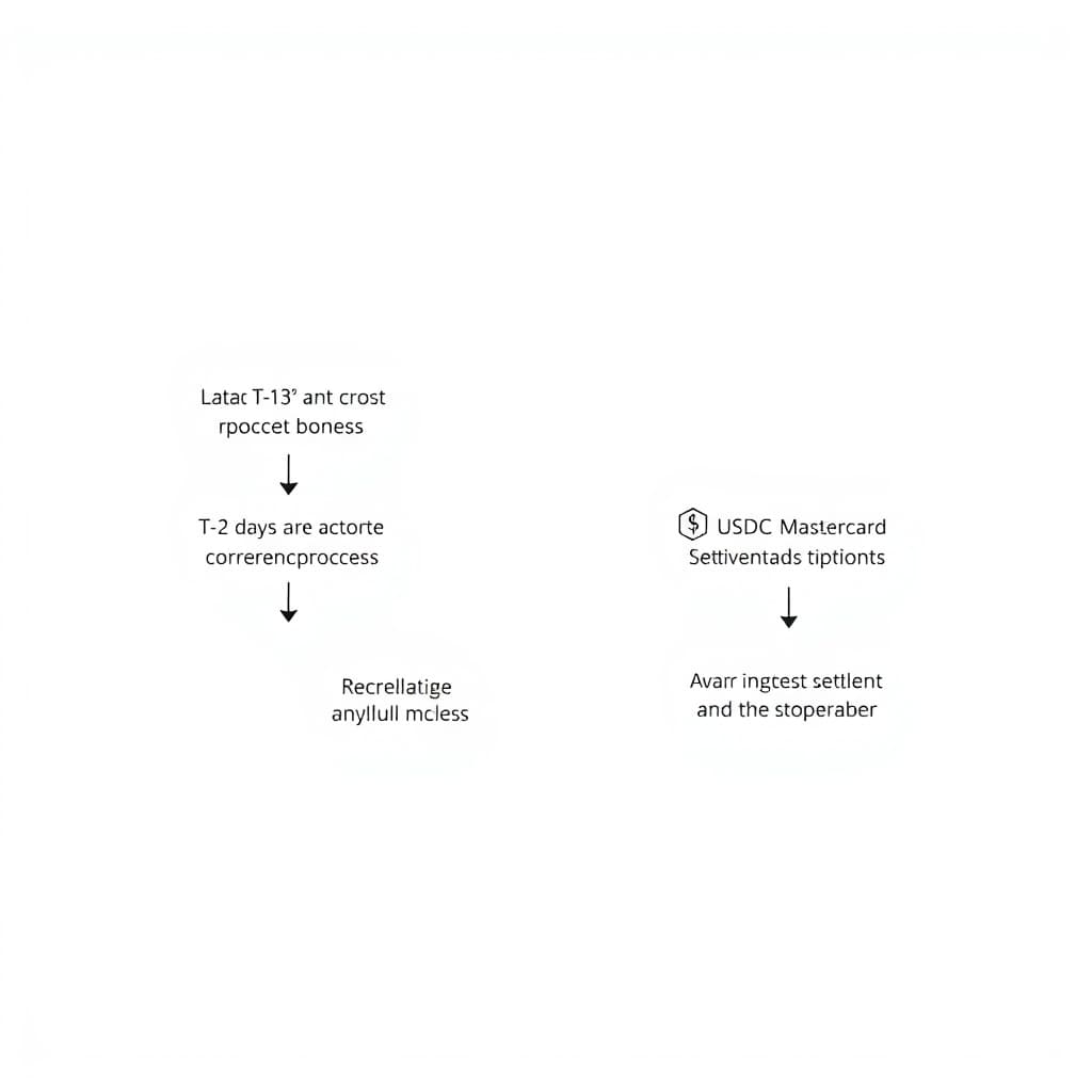 Flowchart comparing traditional T+2 cross-border settlement with near-instant USDC-Mastercard payment rails